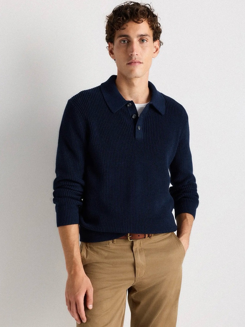 NWT Quince 100% Organic Cotton Ribbed Polo Sweater in Navy Sz L